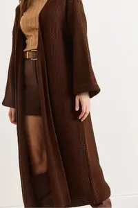 Olalook Women's Bitter Brown Cuff Folded Maxi Knitwear Cardigan - Image 4