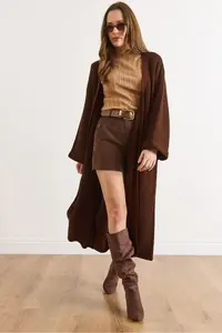 Olalook Women's Bitter Brown Cuff Folded Maxi Knitwear Cardigan - Image 5