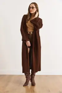 Olalook Women's Bitter Brown Cuff Folded Maxi Knitwear Cardigan - Image 6