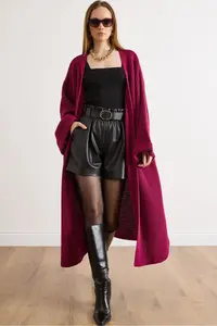 Olalook Women's Cherry Rotten Cuff Folded Maxi Knitwear Cardigan