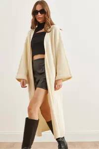 Olalook Women's Ecru Cuff Folded Maxi Knitwear Cardigan