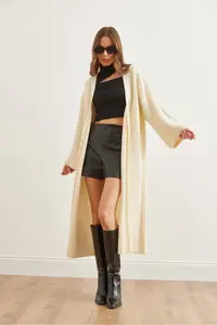 Olalook Women's Ecru Cuff Folded Maxi Knitwear Cardigan - Image 2