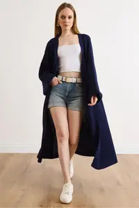 Olalook Women's Navy Blue Cuff Folded Maxi Knitwear Cardigan