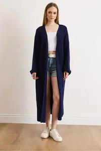 Olalook Women's Navy Blue Cuff Folded Maxi Knitwear Cardigan - Image 2