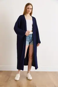Olalook Women's Navy Blue Cuff Folded Maxi Knitwear Cardigan - Image 3