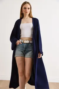 Olalook Women's Navy Blue Cuff Folded Maxi Knitwear Cardigan - Image 4