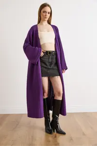 Olalook Women's Purple Cuff Folded Maxi Knitwear Cardigan - Image 2