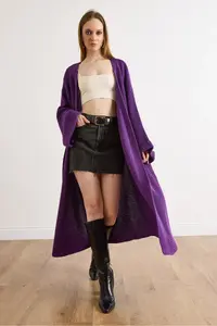 Olalook Women's Purple Cuff Folded Maxi Knitwear Cardigan - Image 3