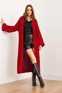 Olalook Women's Red Cuff Folded Maxi Knitwear Cardigan - Image 2