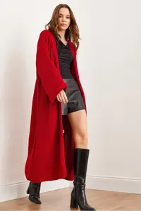 Olalook Women's Red Cuff Folded Maxi Knitwear Cardigan - Image 3