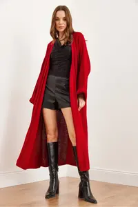 Olalook Women's Red Cuff Folded Maxi Knitwear Cardigan - Image 5