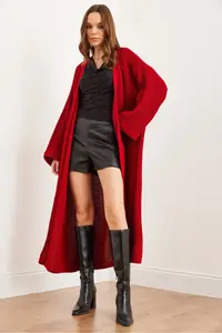 Olalook Women's Red Cuff Folded Maxi Knitwear Cardigan - Image 6