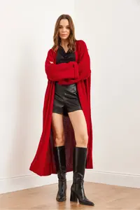 Olalook Women's Red Cuff Folded Maxi Knitwear Cardigan - Image 7
