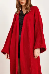 Olalook Women's Red Cuff Folded Maxi Knitwear Cardigan - Image 8