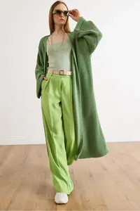 Olalook Women's Green Cuff Folded Maxi Knitwear Cardigan
