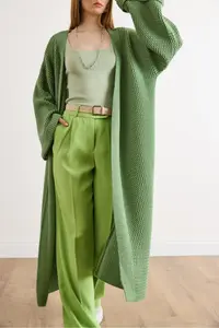 Olalook Women's Green Cuff Folded Maxi Knitwear Cardigan - Image 5