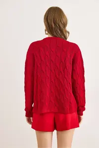 Olalook Women Burgundy Hair Braided Knitwear Cardigan - Image 2