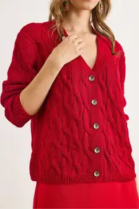 Olalook Women Burgundy Hair Braided Knitwear Cardigan - Image 3