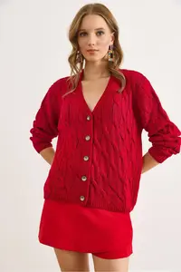 Olalook Women Burgundy Hair Braided Knitwear Cardigan - Image 4