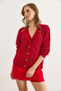 Olalook Women Burgundy Hair Braided Knitwear Cardigan - Image 5