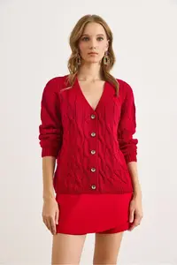 Olalook Women Burgundy Hair Braided Knitwear Cardigan - Image 6