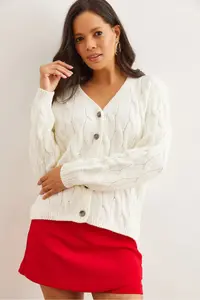 Olalook Women Ecru Braided Knitwear Cardigan