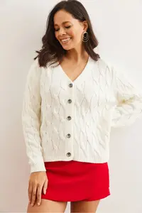 Olalook Women Ecru Braided Knitwear Cardigan - Image 2