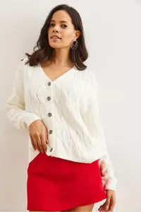 Olalook Women Ecru Braided Knitwear Cardigan - Image 3