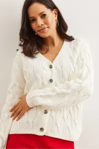 Olalook Women Ecru Braided Knitwear Cardigan - Image 4