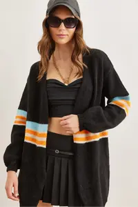 Olalook Women's Black Colored Striped Soft Textured Knitwear Cardigan - Image 2