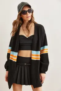 Olalook Women's Black Colored Striped Soft Textured Knitwear Cardigan - Image 3