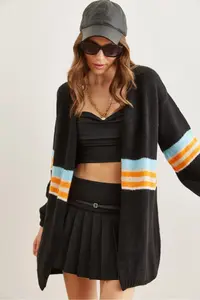 Olalook Women's Black Colored Striped Soft Textured Knitwear Cardigan - Image 4