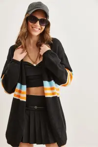Olalook Women's Black Colored Striped Soft Textured Knitwear Cardigan - Image 5
