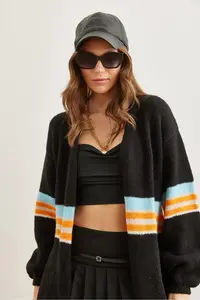 Olalook Women's Black Colored Striped Soft Textured Knitwear Cardigan - Image 6