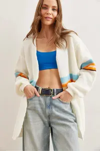 Olalook Women's Ecru Color Striped Soft Textured Knitwear Cardigan - Image 2