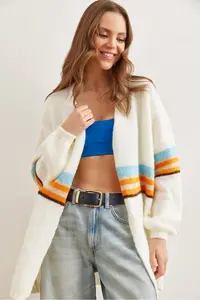 Olalook Women's Ecru Color Striped Soft Textured Knitwear Cardigan - Image 3