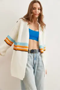 Olalook Women's Ecru Color Striped Soft Textured Knitwear Cardigan - Image 4