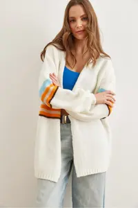 Olalook Women's Ecru Color Striped Soft Textured Knitwear Cardigan - Image 5