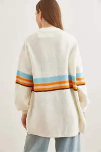 Olalook Women's Ecru Color Striped Soft Textured Knitwear Cardigan - Image 6