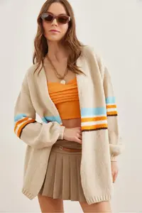 Olalook Women's Stone Colored Striped Soft Textured Knitwear Cardigan