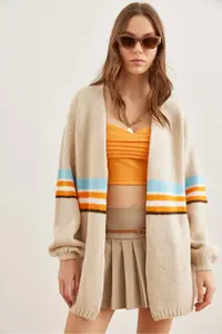 Olalook Women's Stone Colored Striped Soft Textured Knitwear Cardigan - Image 2