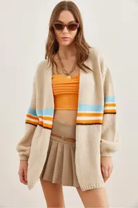 Olalook Women's Stone Colored Striped Soft Textured Knitwear Cardigan - Image 3