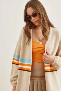 Olalook Women's Stone Colored Striped Soft Textured Knitwear Cardigan - Image 4