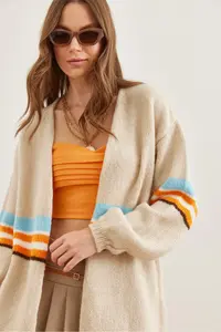 Olalook Women's Stone Colored Striped Soft Textured Knitwear Cardigan - Image 5