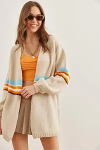 Olalook Women's Stone Colored Striped Soft Textured Knitwear Cardigan - Image 6