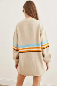 Olalook Women's Stone Colored Striped Soft Textured Knitwear Cardigan - Image 7