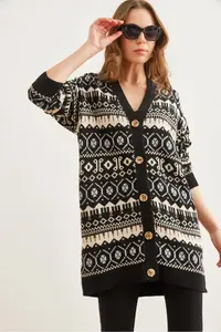 Olalook Women's Black Ethnic Patterned Oversize Knitwear Cardigan