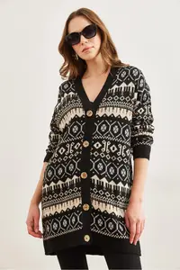 Olalook Women's Black Ethnic Patterned Oversize Knitwear Cardigan - Image 2