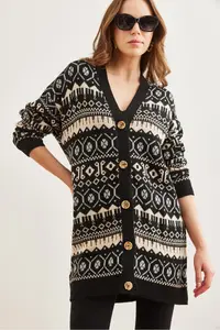 Olalook Women's Black Ethnic Patterned Oversize Knitwear Cardigan - Image 3