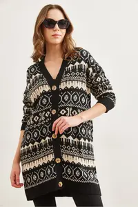 Olalook Women's Black Ethnic Patterned Oversize Knitwear Cardigan - Image 5